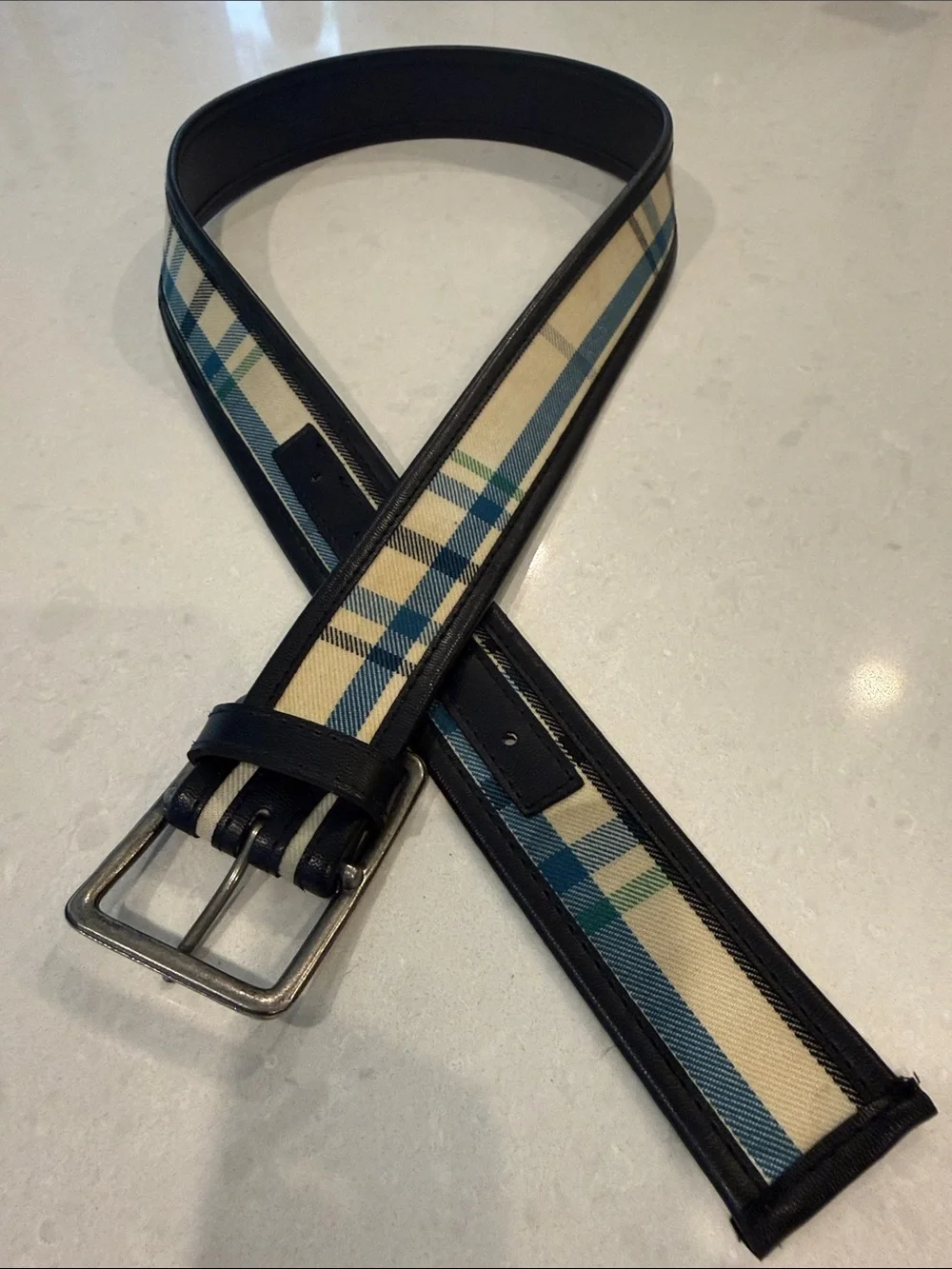 Ladies’ preppy canvas Plaid Belt in Navy, Green, and Cream
